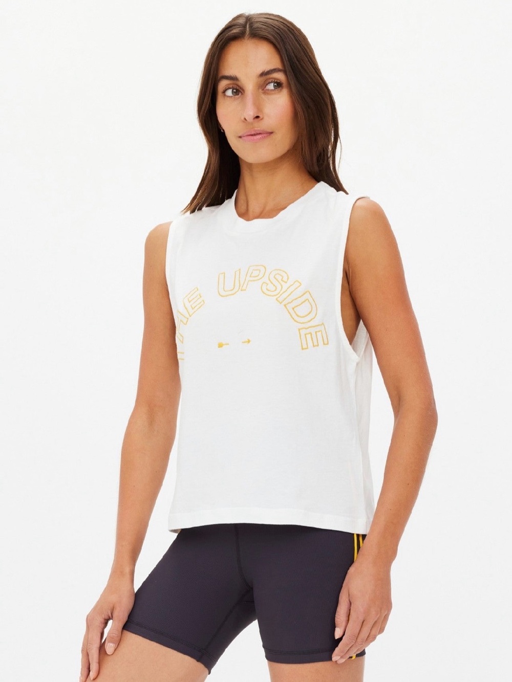 The Upside White Muscle Tank with Yellow Logo